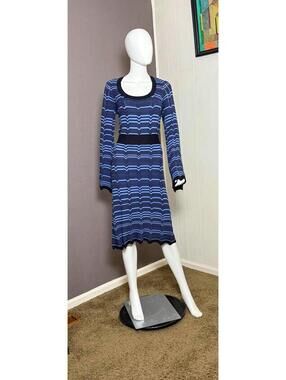 1990's Chevron Pattern Knit Dress Blue + Black Bell Sleeves by INC size XL